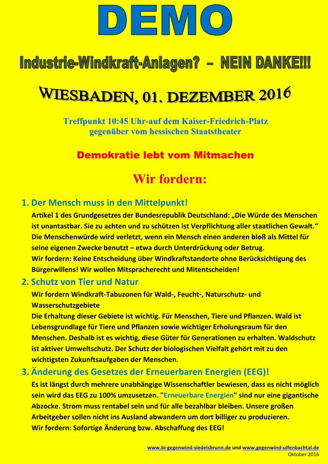 Demo gegen Windkraftwahn in Wiesebaden am 01.12.2016 um 10:45 Uhr